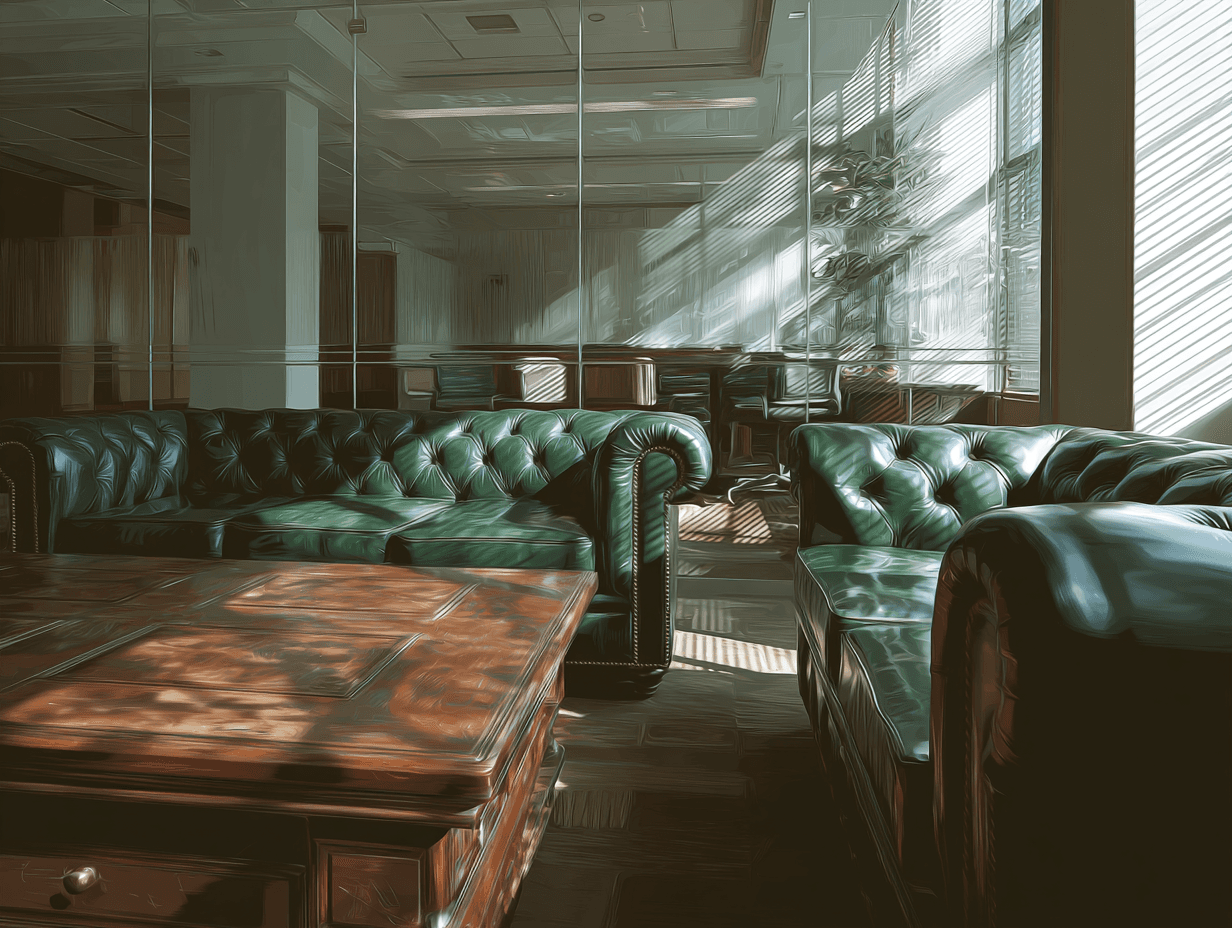 A dimly lit private office with green leather chesterfield seating and a mahogany desk