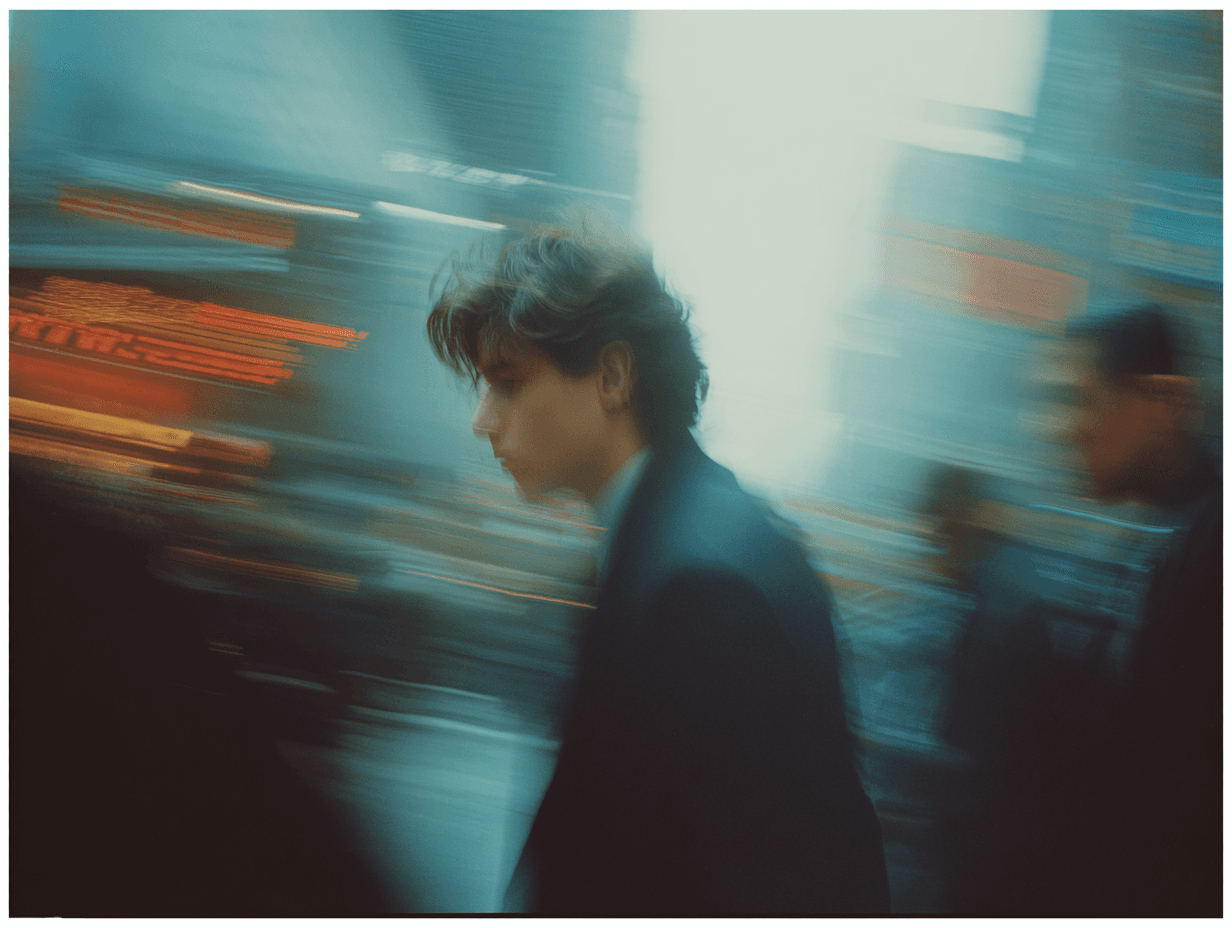 A young professional in a suit walking through a blurred, motion-lit city street