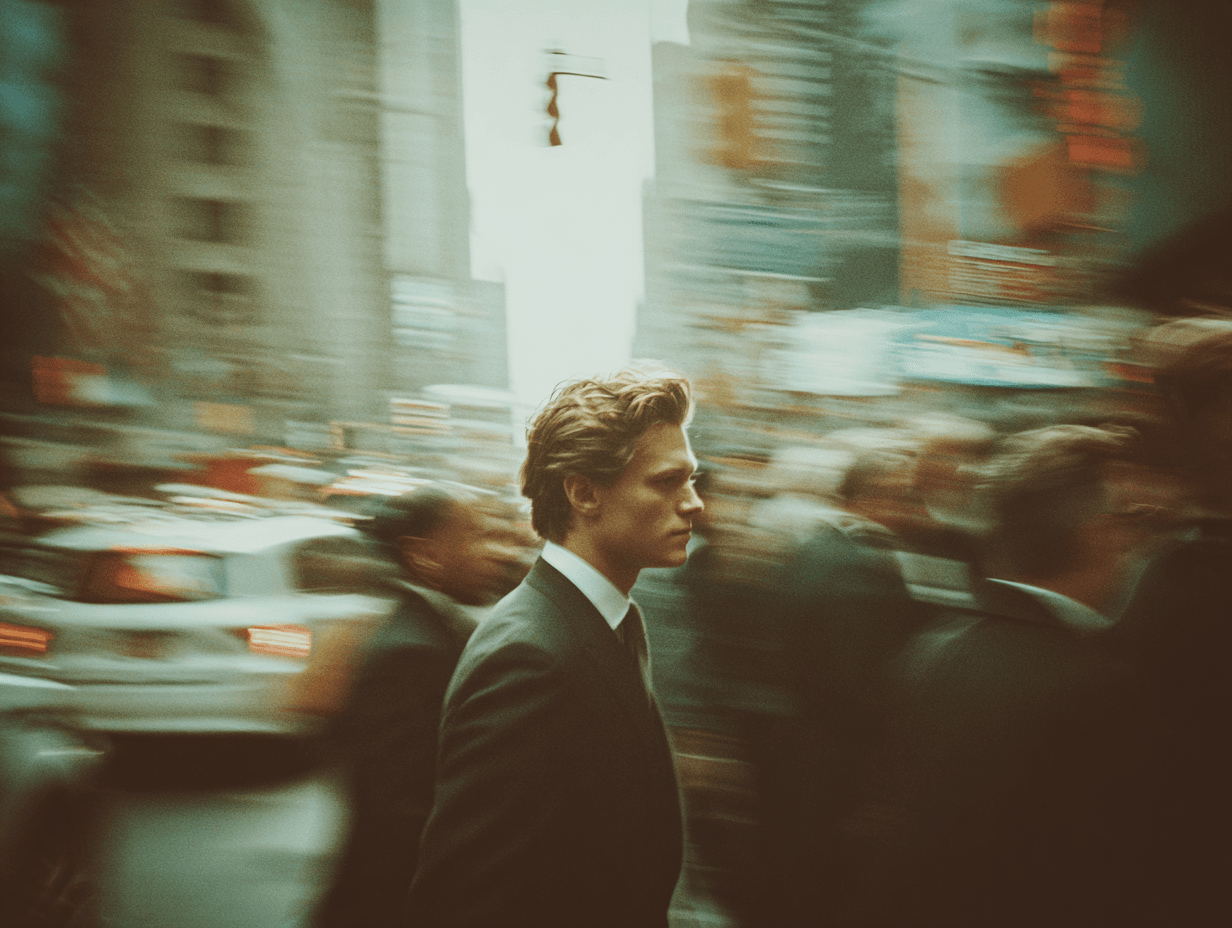 A professional in motion on a city street, captured with cinematic motion blur